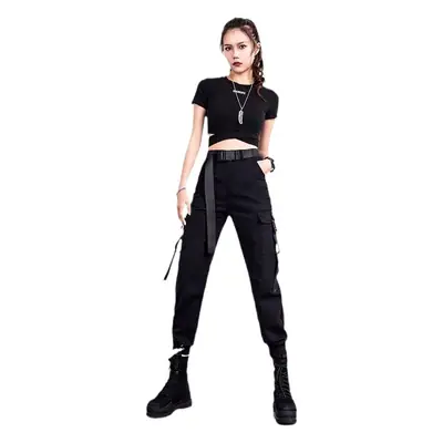Women Slim Cargo Pants Black High Waist Spring Fall