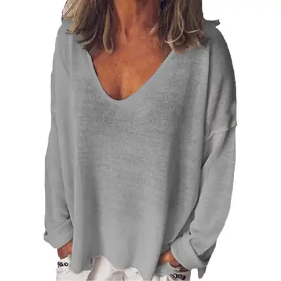 Women's U-Neck Long Sleeve T-Shirt Grey Spring