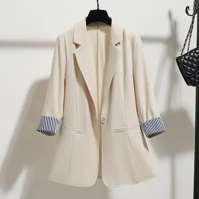 Women's New Korean Slim Fit Draped Suit Jacket Cream