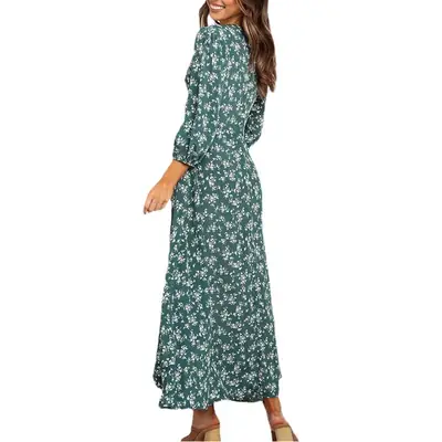 2024 Printed V Neck Chiffon Long Sleeve Dress Green Blue