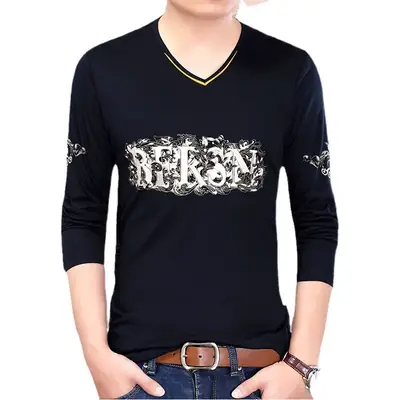 Men Maroon Embroidered V-Neck Long Sleeve T-Shirt