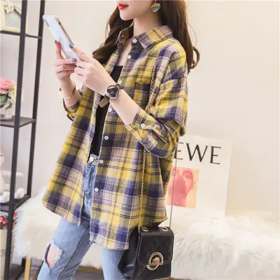 Women Plaid Korean Style Shirt Large Mid Length