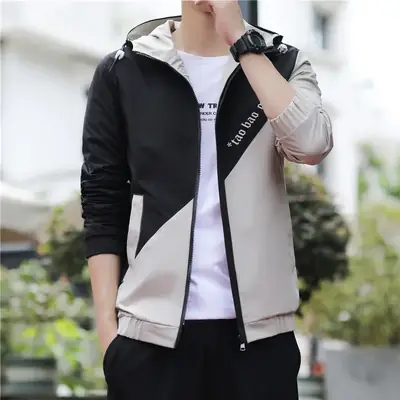 Men's Hooded Jacket Grey White Korean Style Sports Casual
