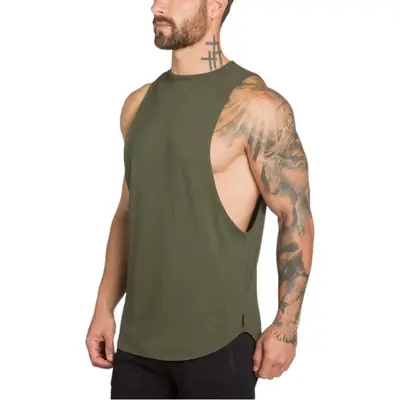 Men Sleeveless Cotton Vest Olive Green Back Waist