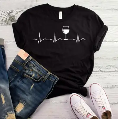 Black T-Shirt with Wine Glass Heartbeat Graphic