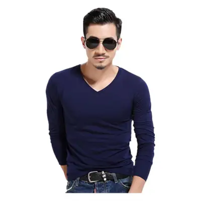 Men V-Neck Long Sleeve White T-Shirt