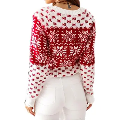 2025 Knitted Snowflake Long Sleeve Sweater Red White