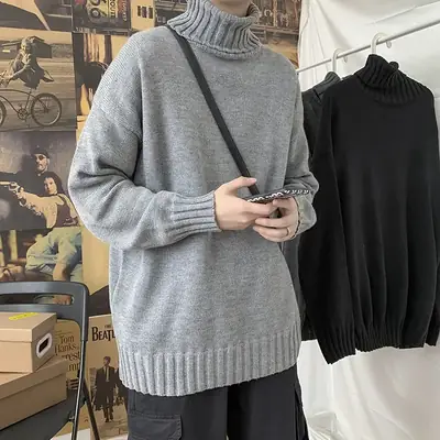 Men Black Turtleneck Sweater Autumn Winter Loose Fit