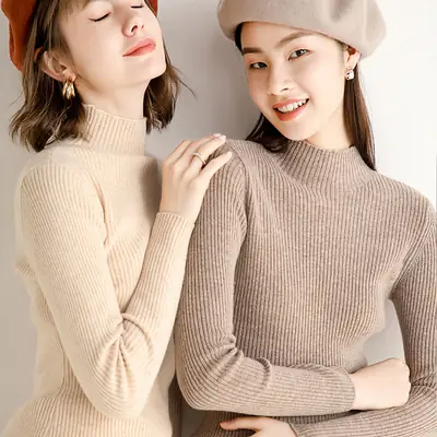 Women's 2020 Sweater Top Half-Turtleneck Knitted Beige
