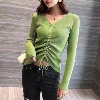 Women's Pink V-Neck Long Sleeve Knit Top with Drawstring