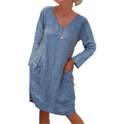 2025 V Neck Cotton Linen Dress for Women Loose Flap Pocket