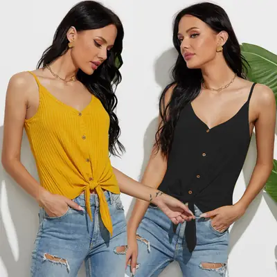 Sexy Knotted V Neck Vest with Breasts & Jeans