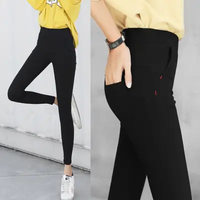 Fleece Lined Black Faux Denim Leggings Women High Waist