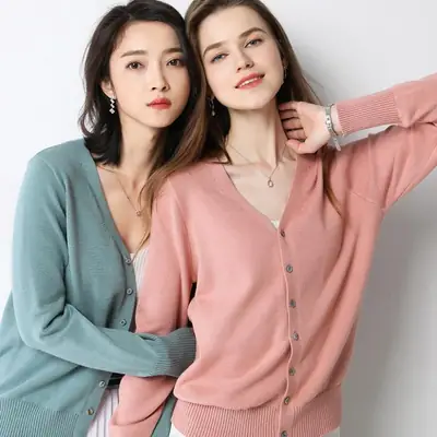 Women V-neck Knitted Cardigan Grey Large
