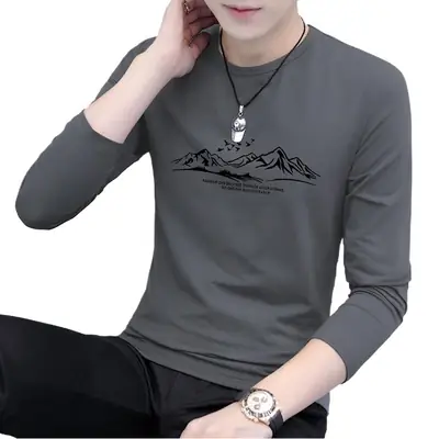 Men Korean Style Long Sleeve Printed T-Shirt Grey