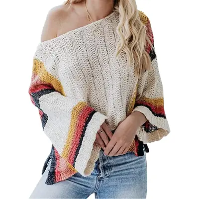 Color Block Knit Sweater One-Longer Off-Shoulder