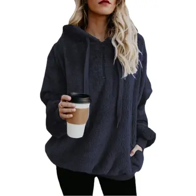 Women Grey Hooded Sweatshirt Long Sleeve Solid Color