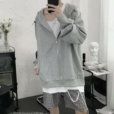 Men's Grey Hooded Lazy Sweater Jacket with Zip Front