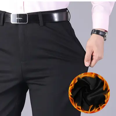 Men's Fleece Lined Business Pants Black Autumn Winter