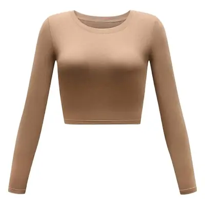 Women Grey Long Sleeve Crop Top Round Neck