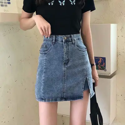 Women Denim High Waist Split Skirt Set Black Top