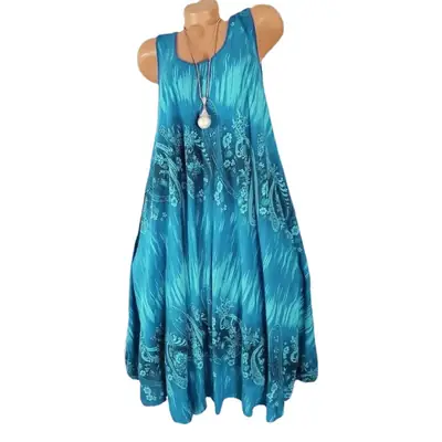 Blue Digital Print Sleeveless Maxi Dress for Women