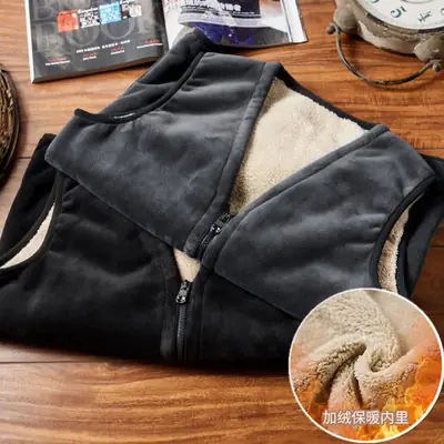 Autumn Winter Men's Black Velvet Vest with Fleece Lining