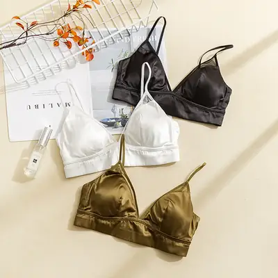 Tangge French Style Silk Bra Without Steel Ring Glossed Silk Satin Mulberry Silk Underwear Thin Sexy Breast Pad Without Bump