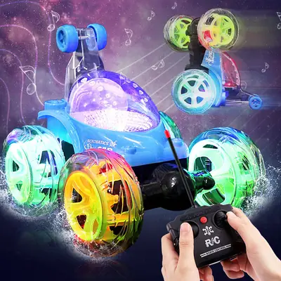 Cross-border charging remote control stunt dump truck large light music 360 degree roll remote control car toys wholesale