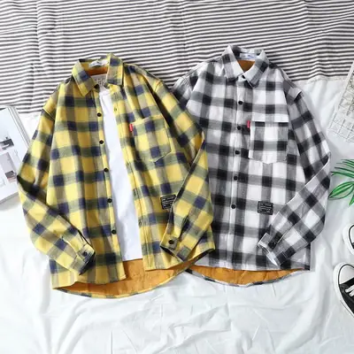 Men Plaid Fleece Long Sleeve Shirt Yellow Black