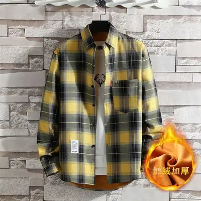Men Plaid Fleece Long Sleeve Shirt Blue Winter
