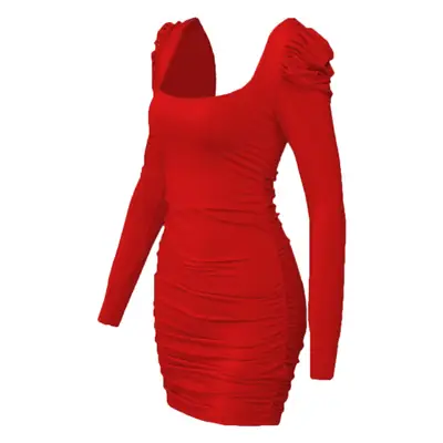 Red Ruched Backless Dress for Women Spring