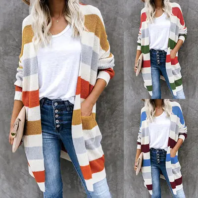 Women European Striped Patchwork Sweater Cardigan Blue Red White