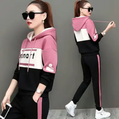 Women Korean Style Hooded Sweatshirt Set Green Black 2026