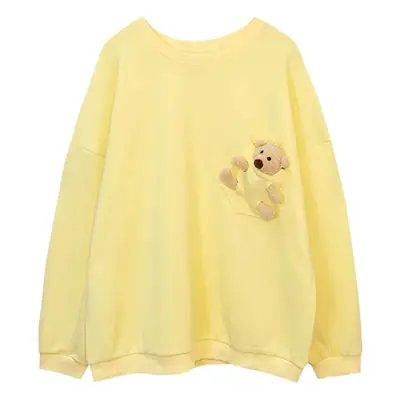 Women Bear Print Sweatshirt Yellow Loose Fit Casual