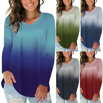 Women V-neck Long Sleeve Gradient T-Shirt Green