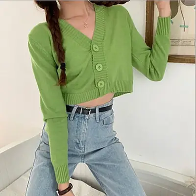 Women Green Knitted V-Neck Cardigan Jacket Short High Waist