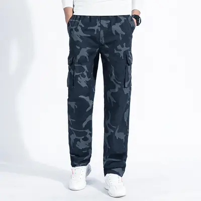 Men Camouflage Thin Sports Pants Dark Blue Loose Fit