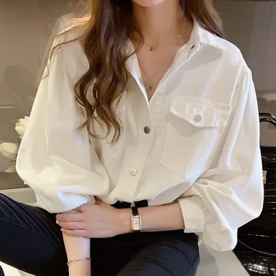 Women Grey Button-Down Shirt 2021 Spring New