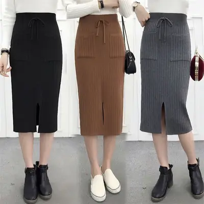 High Waist Knitted Skirt Mid-length Split