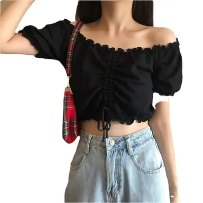 Women Navel-Baring Top Short Sleeve Knitwear Yellow