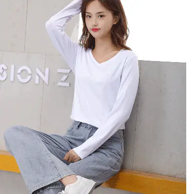 Women Cotton Long Sleeve V Neck T-Shirt Navy Blue
