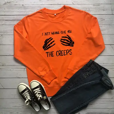 Orange Halloween Creeps Handprint Sweater with Jeans