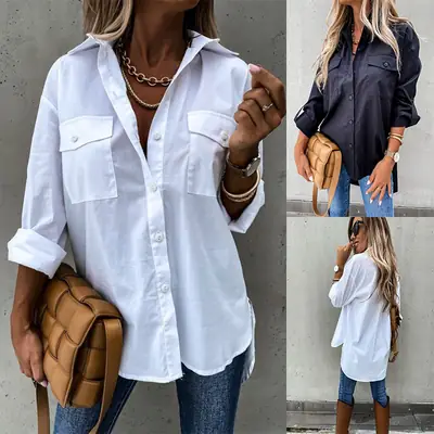 Black Long Sleeve Lapel Shirt Top for Women