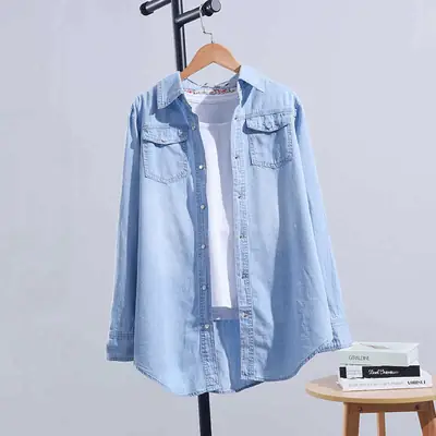 Women Denim Shirt Light Blue Long Sleeve Large