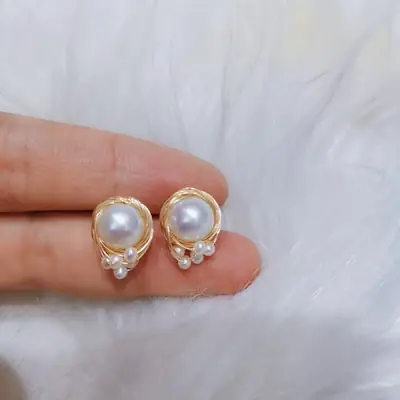 14K Gold Pearl Earrings for Women Handmade