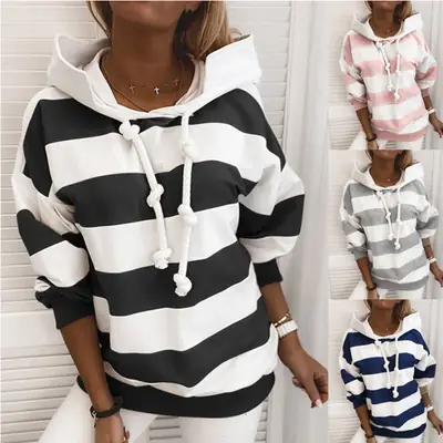 Women's Black White Striped Hooded Sweat Top