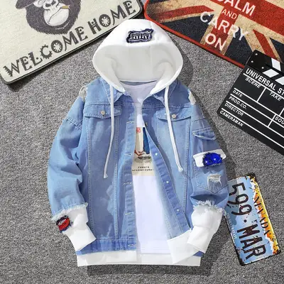 Men Korean Style Hooded Denim Jacket Slim Fit Winter