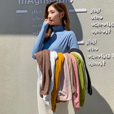 Women Long Sleeve Milk Silk Turtleneck Shirt White