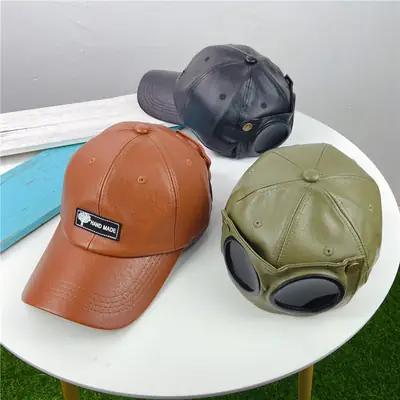 Men's Brown PU Leather Baseball Cap Korean Style